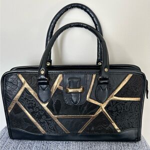 Vintage Style Black Purse- Retro Handbag - faux gold & tapestry details
